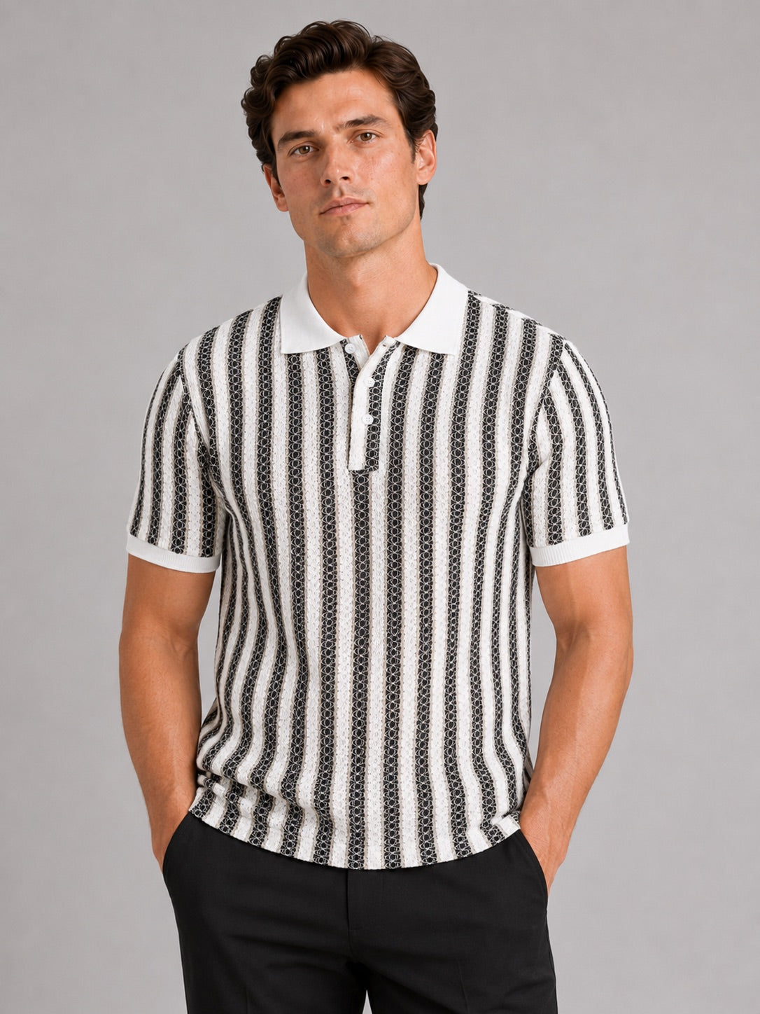 Men’s Striped Ice Silk Polo Shirt Short Sleeve Breathable Lightweight Summer Polo for Casual Outdoor and Vacation Wear