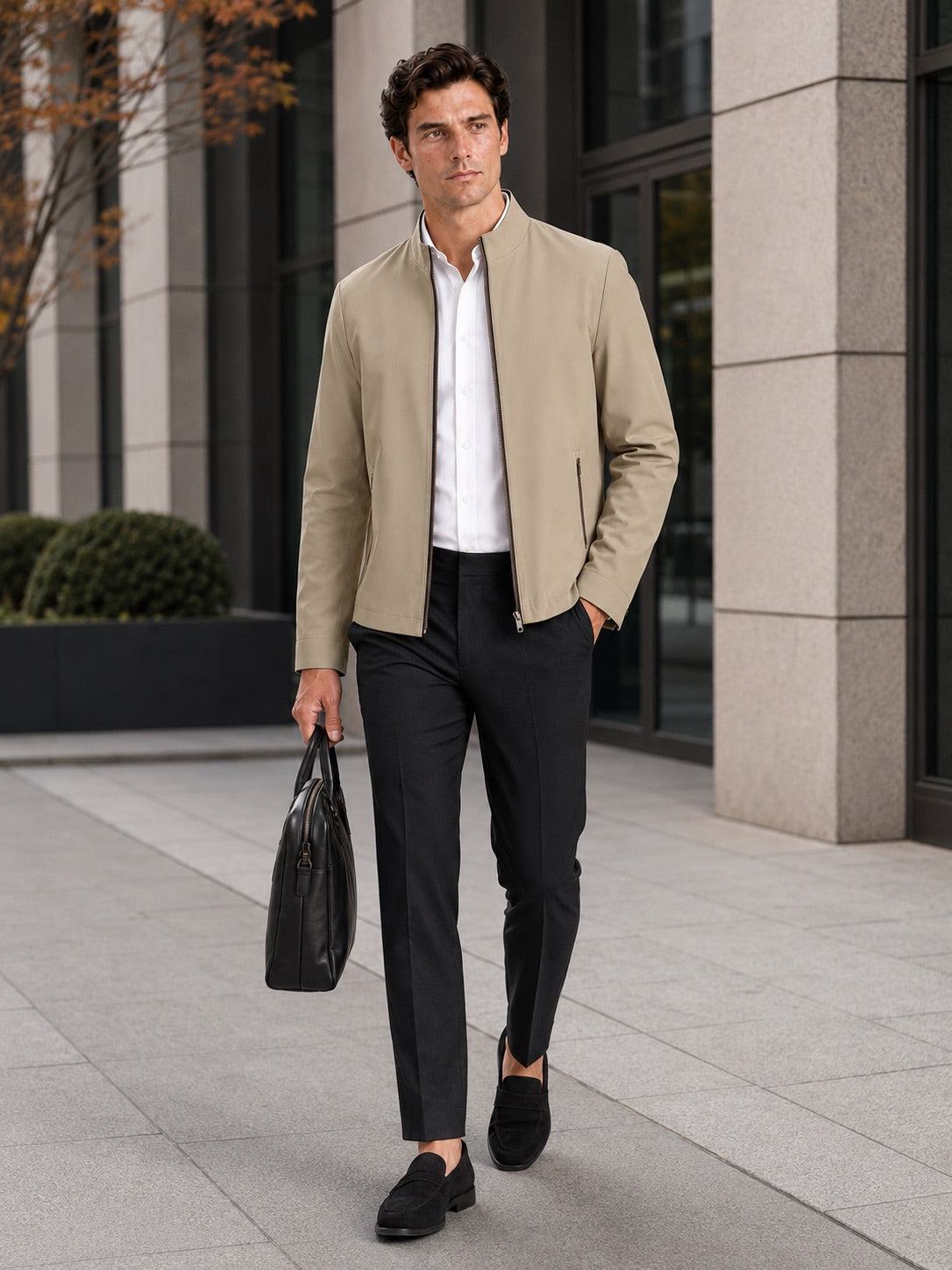 Men’s Stand Collar Autumn Jacket Wear-Resistant Casual Autumn Workwear Jacket for Business Commuting and Everyday Wear