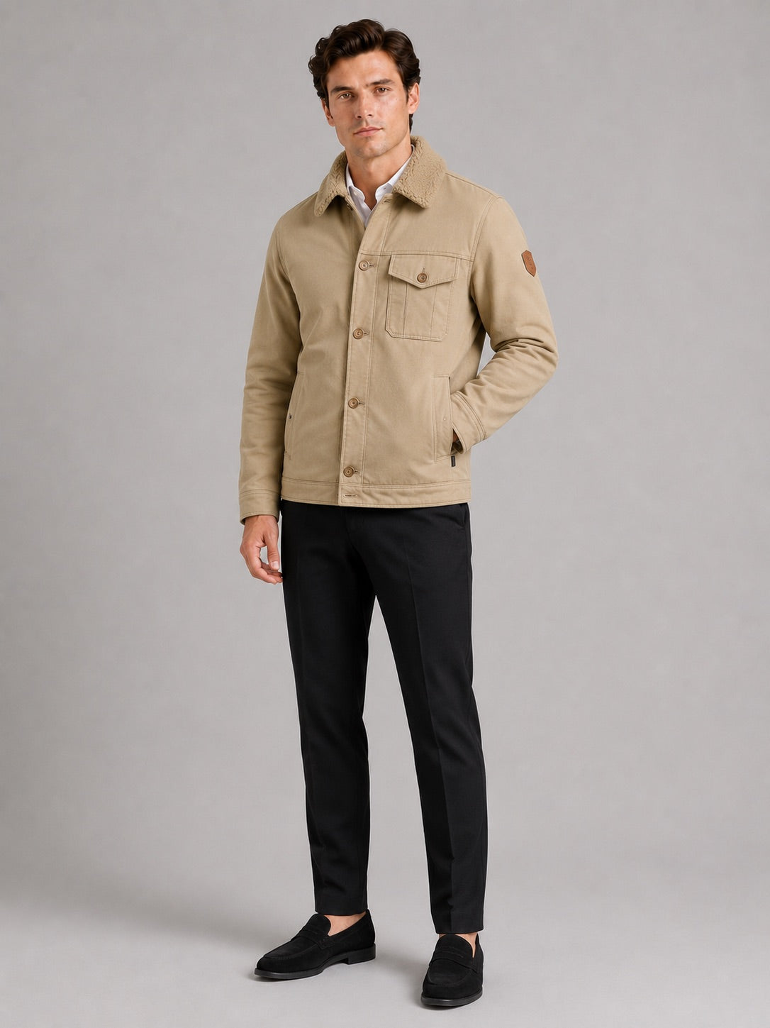 Men’s Fleece Autumn Jacket Thick Warm Windproof Winter Jacket with Fur Collar for Outdoor and Everyday Wear