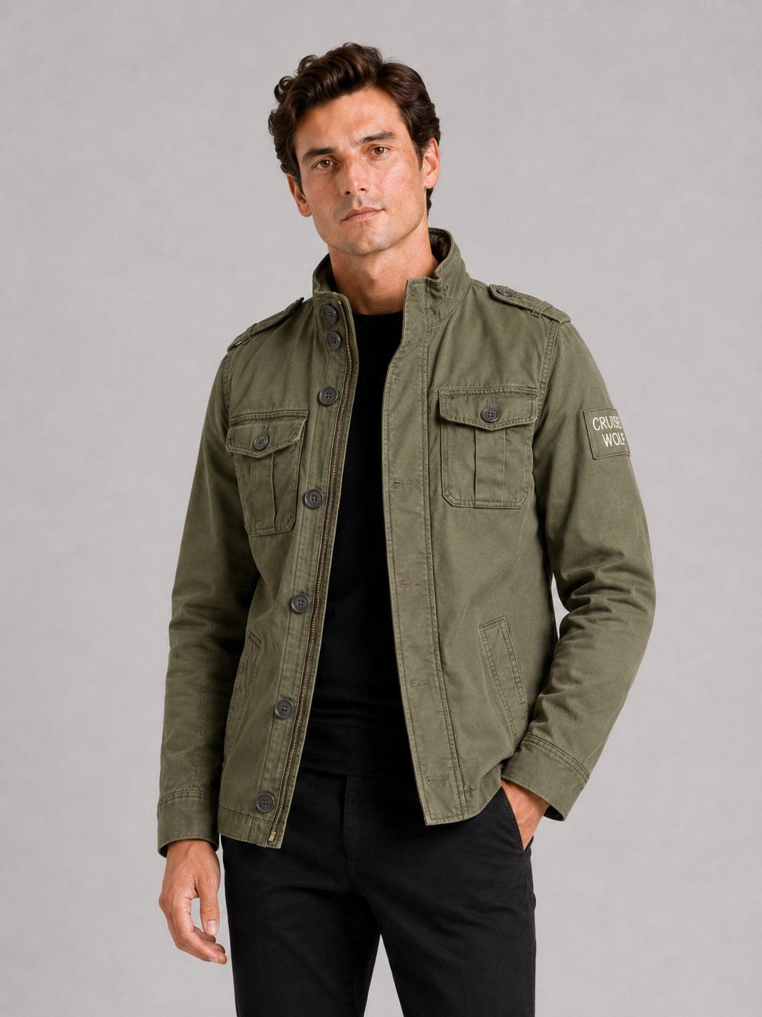 Men’s Military Cargo Autumn Jacket Heavyweight Cotton Multi-Pocket Stand Collar Work wear Jacket for Outdoor and Casual Wear