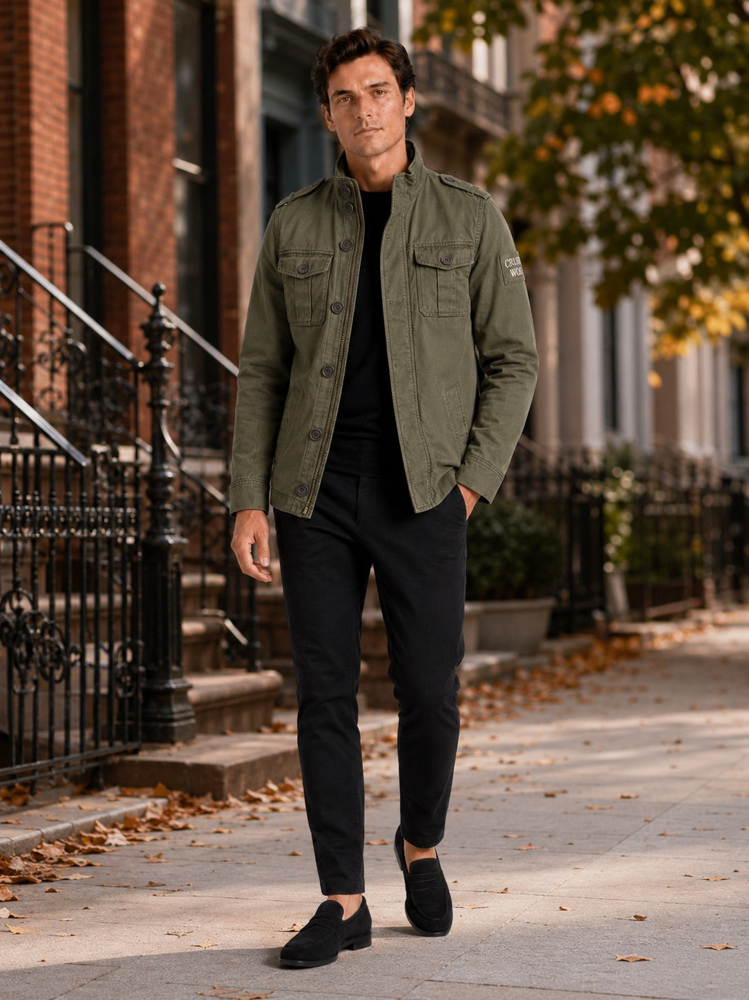 Men’s Military Cargo Autumn Jacket Heavyweight Cotton Multi-Pocket Stand Collar Work wear Jacket for Outdoor and Casual Wear