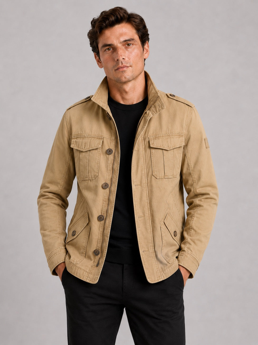 Men’s Military Cargo Autumn Jacket Heavyweight Cotton Multi-Pocket Stand Collar Work wear Jacket for Outdoor and Casual Wear