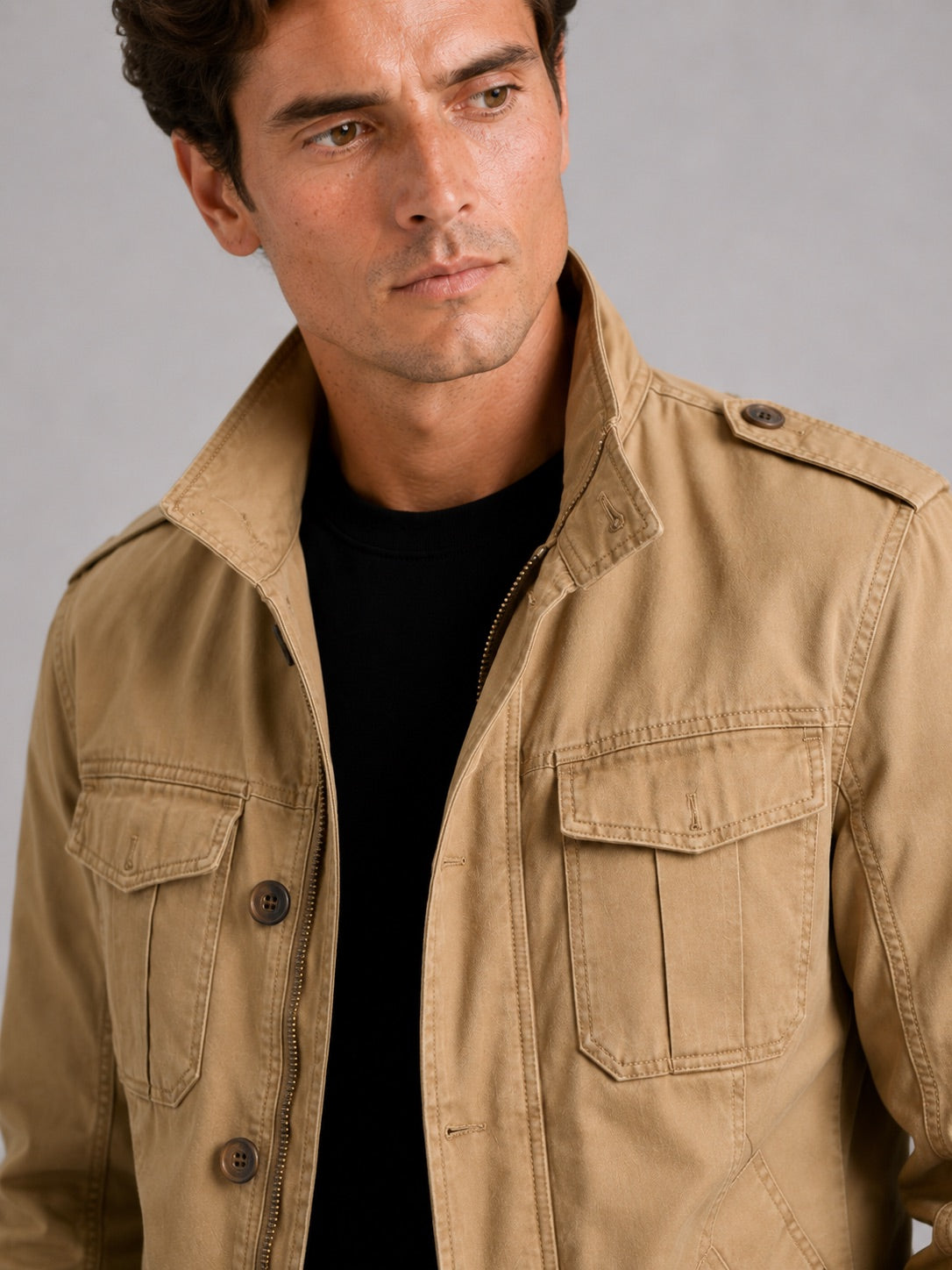 Men’s Military Cargo Autumn Jacket Heavyweight Cotton Multi-Pocket Stand Collar Work wear Jacket for Outdoor and Casual Wear
