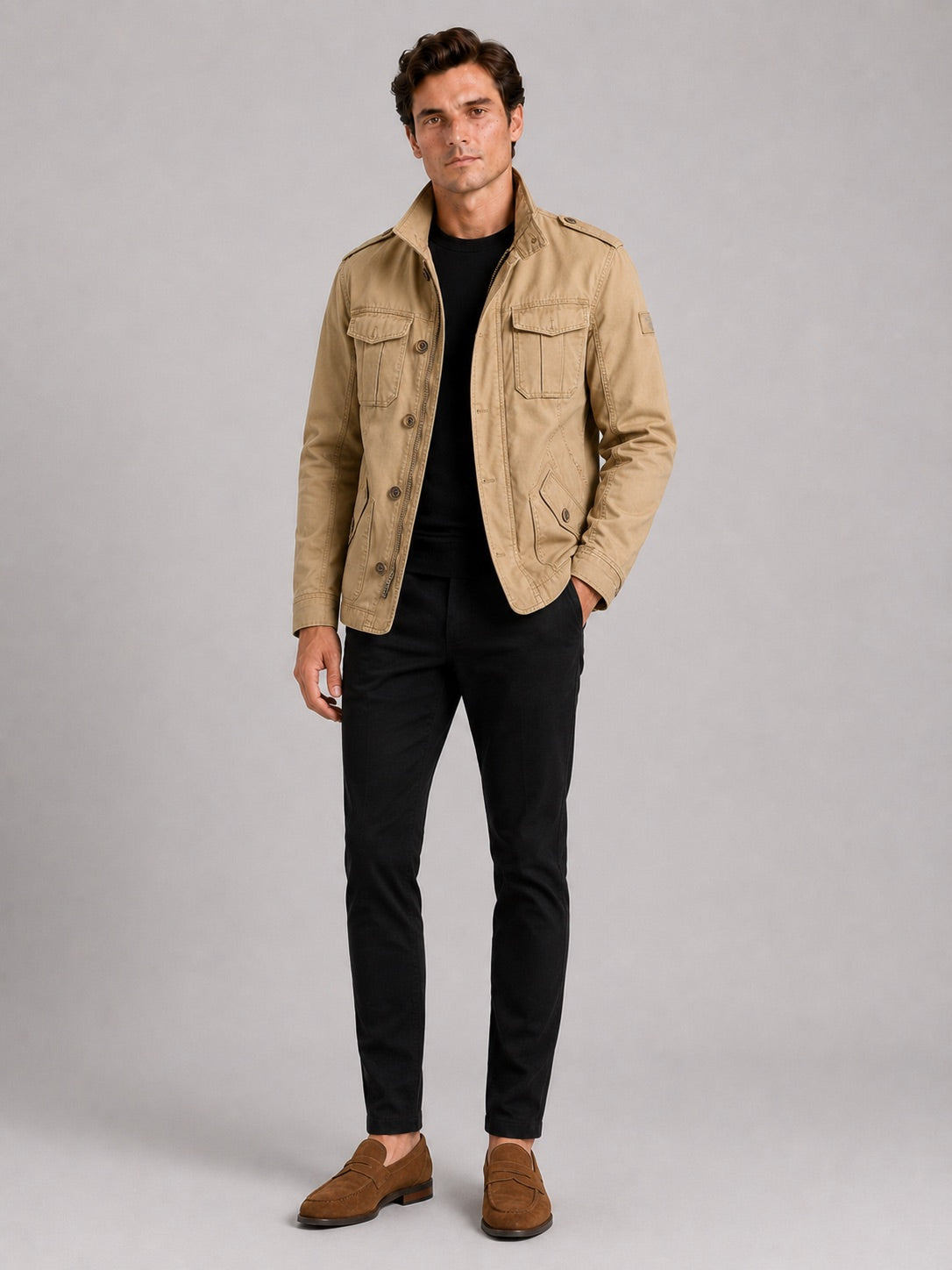 Men’s Military Cargo Autumn Jacket Heavyweight Cotton Multi-Pocket Stand Collar Work wear Jacket for Outdoor and Casual Wear