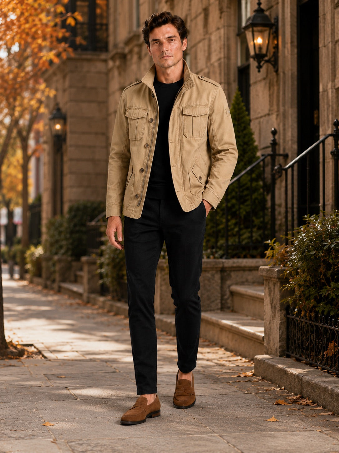 Men’s Military Cargo Autumn Jacket Heavyweight Cotton Multi-Pocket Stand Collar Work wear Jacket for Outdoor and Casual Wear