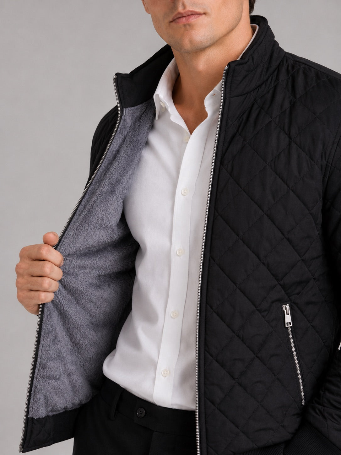 Men’s Bomber Autumn Jacket Diamond Pattern Fleece Lined Slim Fit Autumn Winter Casual Coat for Everyday and Outdoor Wear