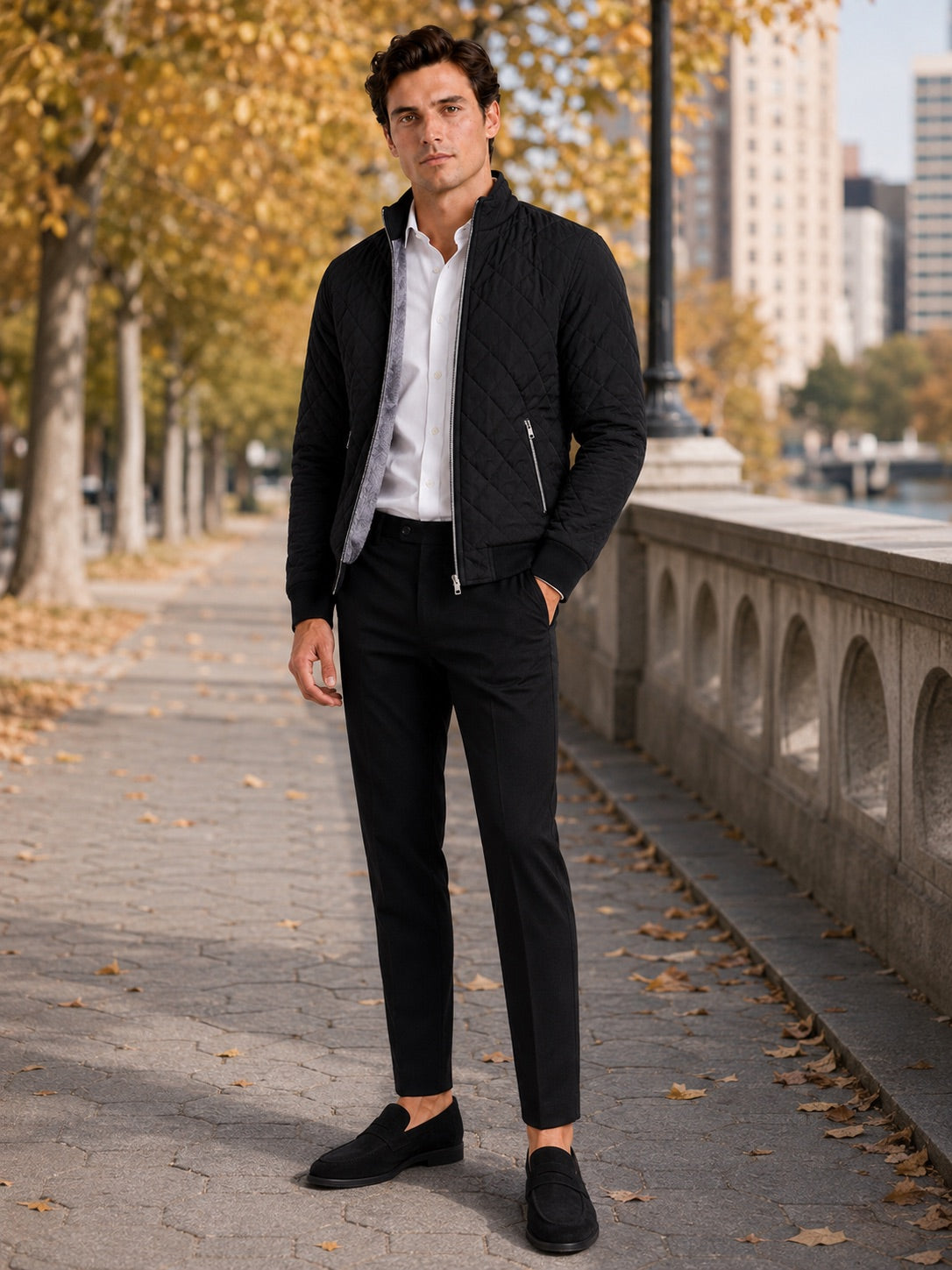 Men’s Bomber Autumn Jacket Diamond Pattern Fleece Lined Slim Fit Autumn Winter Casual Coat for Everyday and Outdoor Wear