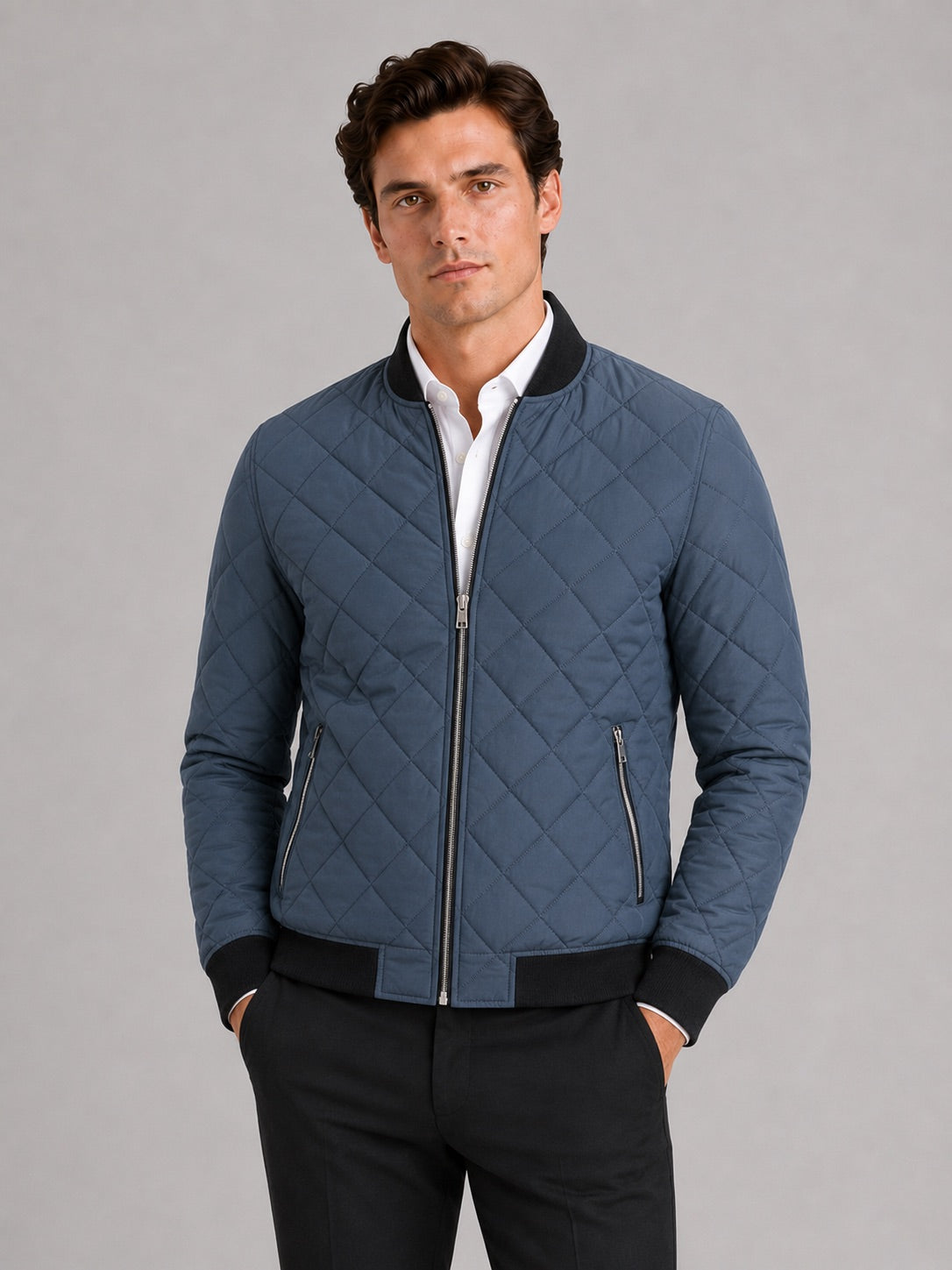 Men’s Bomber Autumn Jacket Diamond Pattern Fleece Lined Slim Fit Autumn Winter Casual Coat for Everyday and Outdoor Wear