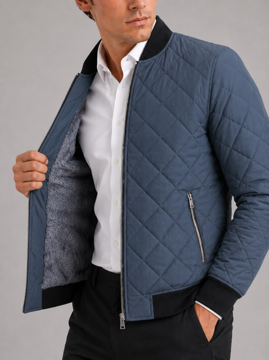 Men’s Bomber Autumn Jacket Diamond Pattern Fleece Lined Slim Fit Autumn Winter Casual Coat for Everyday and Outdoor Wear