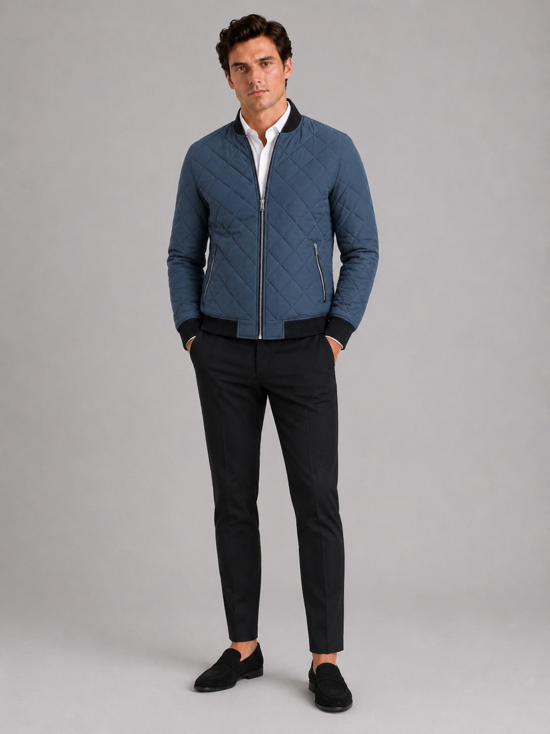 Men’s Bomber Autumn Jacket Diamond Pattern Fleece Lined Slim Fit Autumn Winter Casual Coat for Everyday and Outdoor Wear