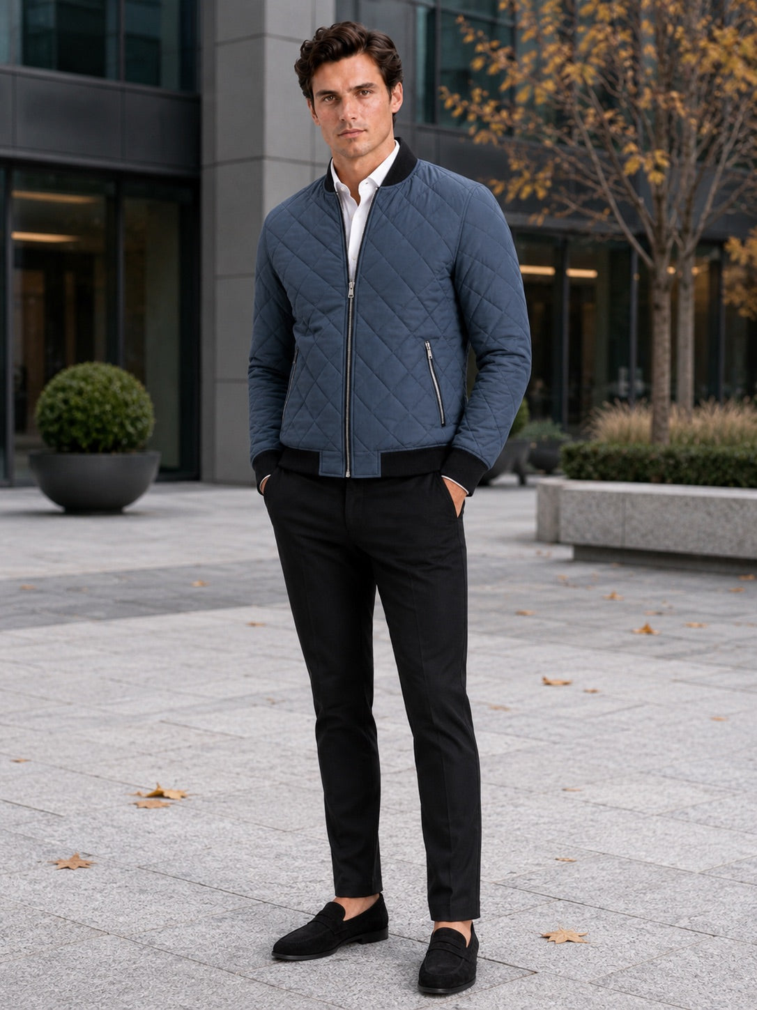 Men’s Bomber Autumn Jacket Diamond Pattern Fleece Lined Slim Fit Autumn Winter Casual Coat for Everyday and Outdoor Wear