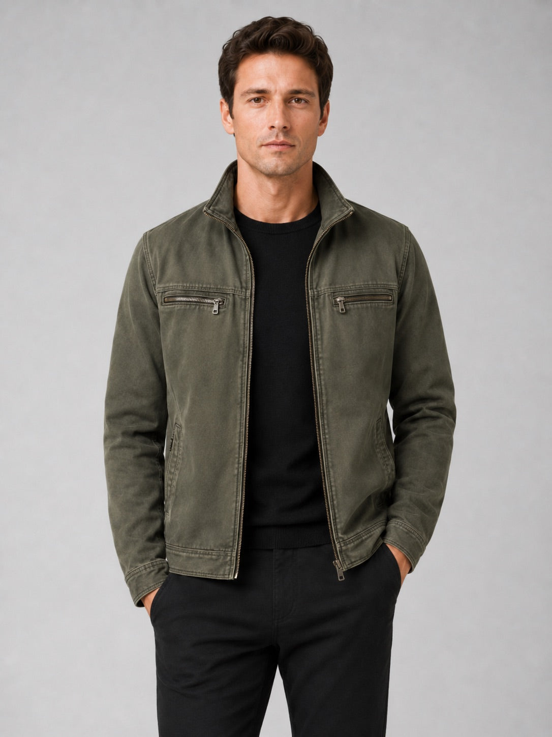Men’s Washed Cotton Autumn Jacket Zip-Up Lapel Casual  for Everyday and Travel Wear