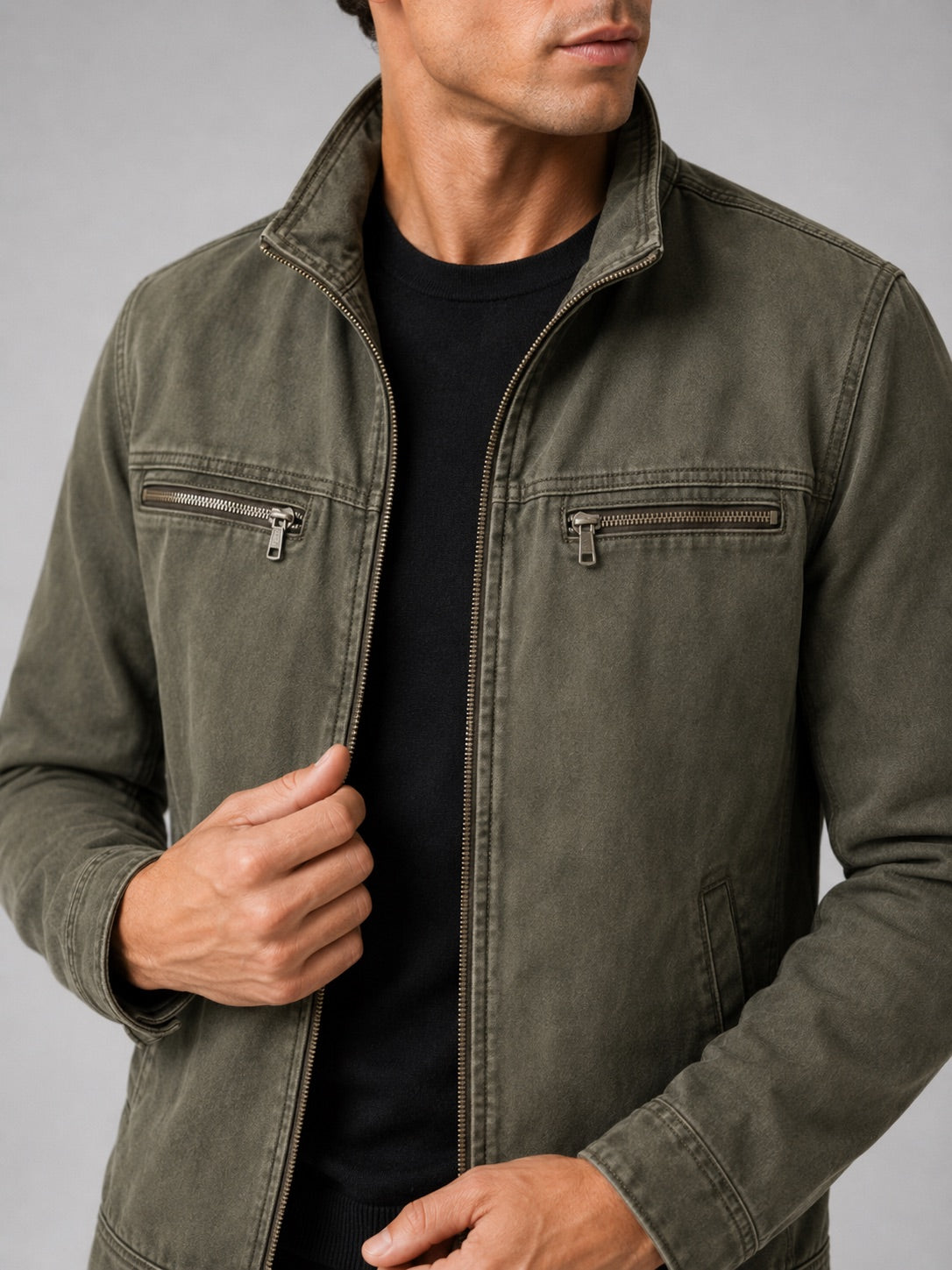 Men’s Washed Cotton Autumn Jacket Zip-Up Lapel Casual  for Everyday and Travel Wear