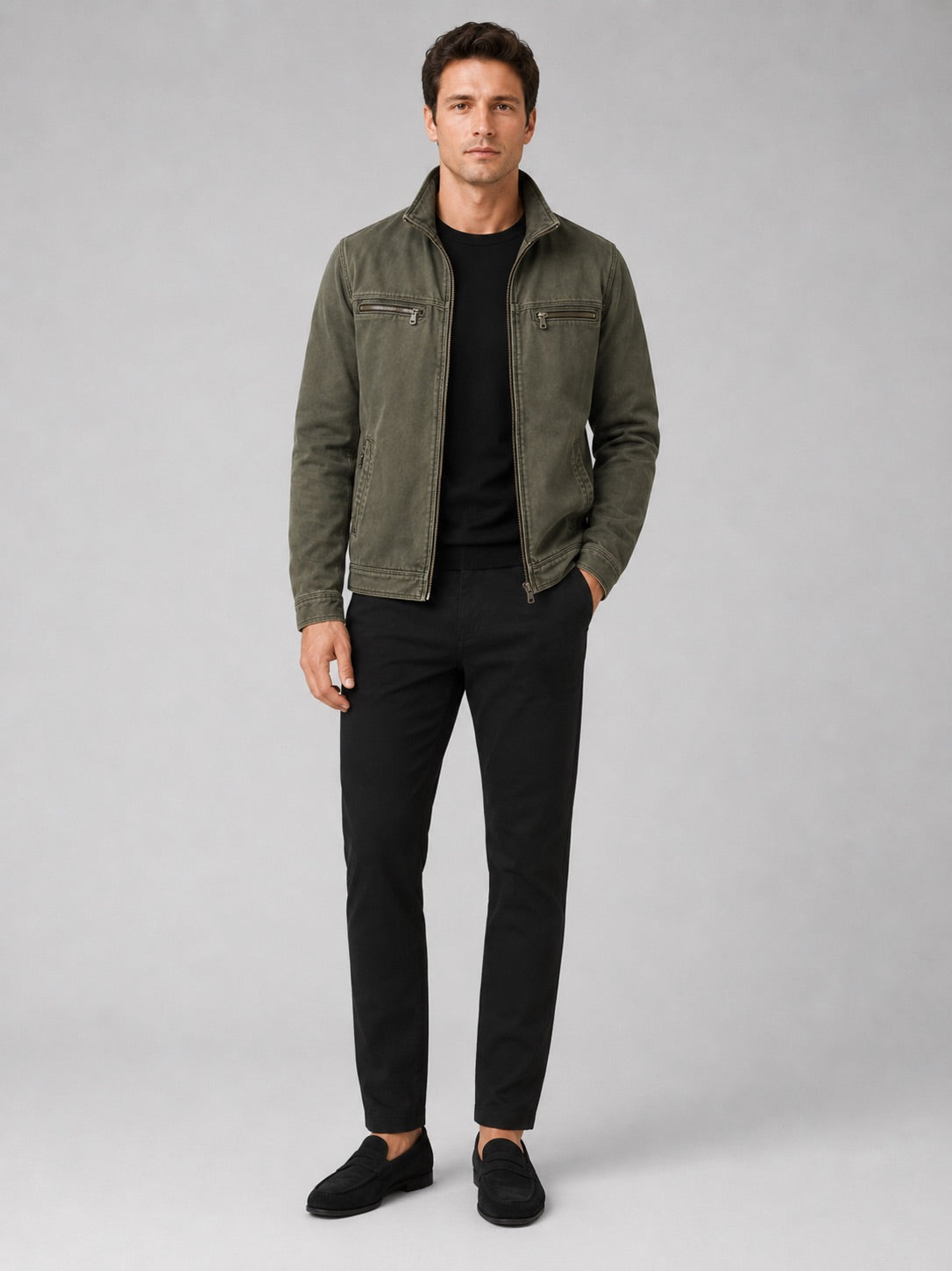 Men’s Washed Cotton Autumn Jacket Zip-Up Lapel Casual  for Everyday and Travel Wear