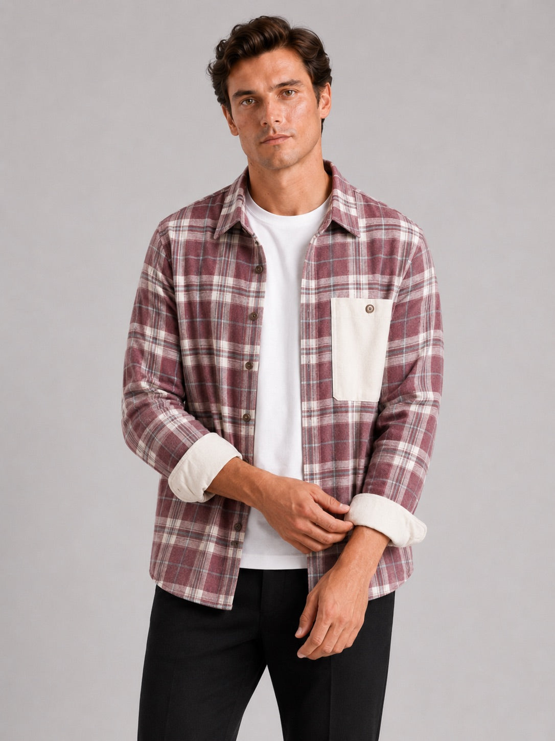 Men’s Check Flannel Shirt Jacket Long Sleeve Loose Fit Autumn Spring Shacket with Chest Pockets for Casual and Outdoor Wear