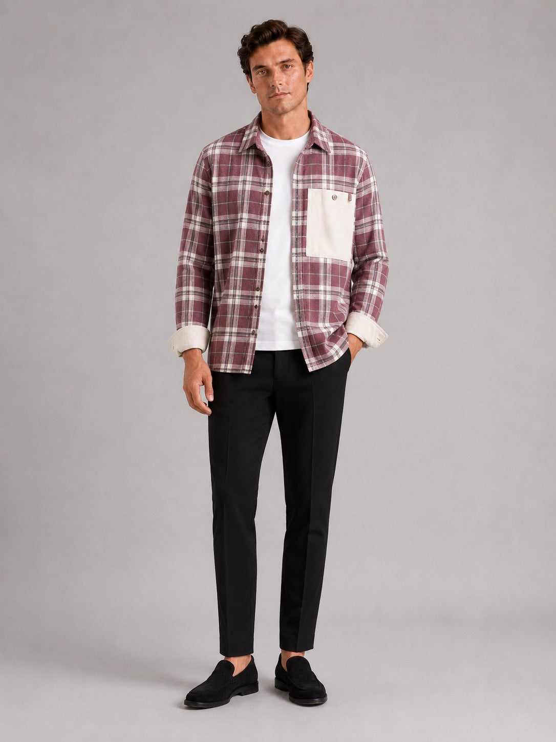 Men’s Check Flannel Shirt Jacket Long Sleeve Loose Fit Autumn Spring Shacket with Chest Pockets for Casual and Outdoor Wear