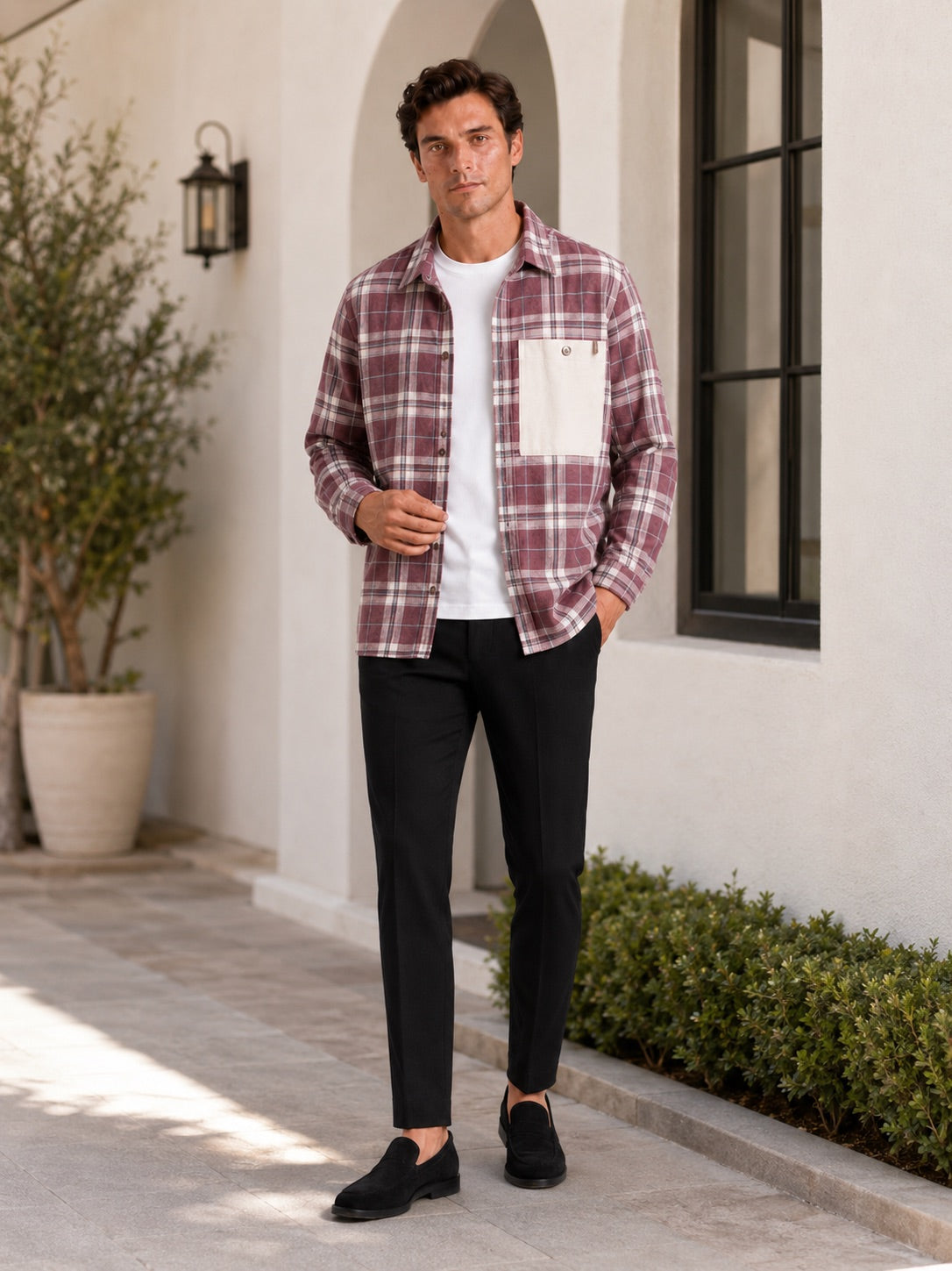 Men’s Check Flannel Shirt Jacket Long Sleeve Loose Fit Autumn Spring Shacket with Chest Pockets for Casual and Outdoor Wear