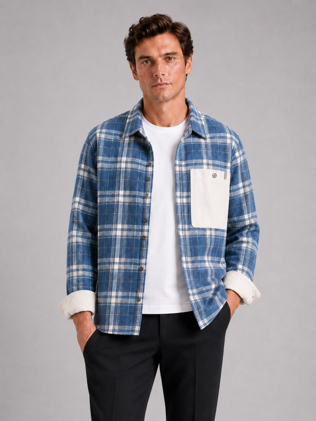 Men’s Check Flannel Shirt Jacket Long Sleeve Loose Fit Autumn Spring Shacket with Chest Pockets for Casual and Outdoor Wear