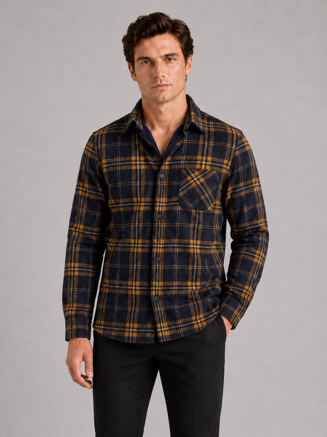 Men’s Flannel Shirt Fleece Lined Check Long Sleeve Thick Autumn Winter Button-Up for Casual and Outdoor Wear