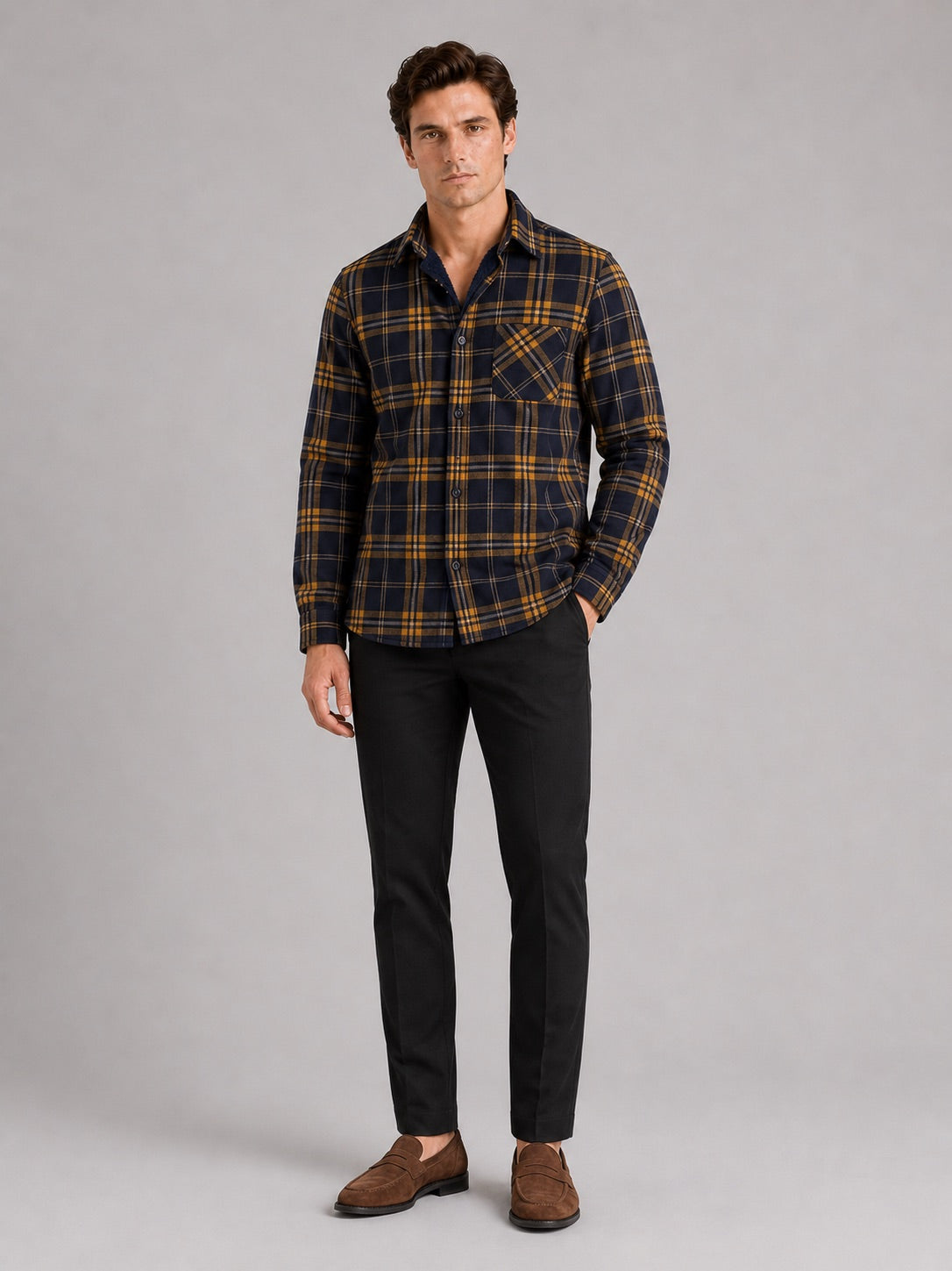 Men’s Flannel Shirt Fleece Lined Check Long Sleeve Thick Autumn Winter Button-Up for Casual and Outdoor Wear