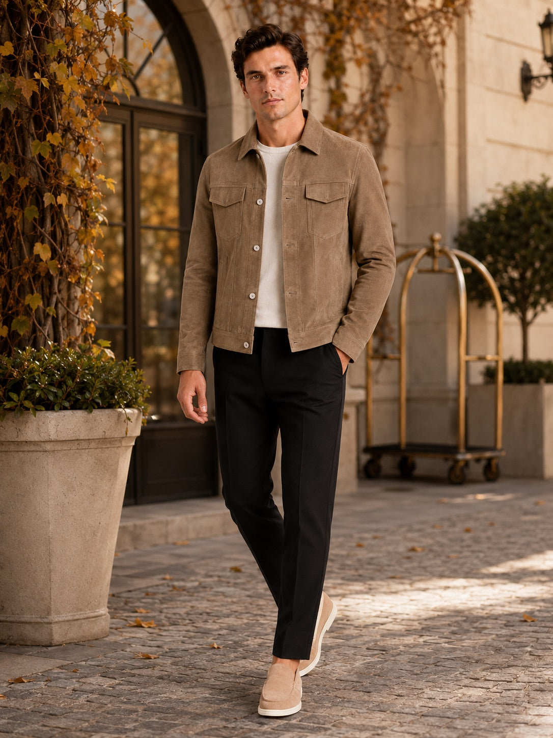 Men’s Suede Autumn Jacket Slim Fit Turn-Down Collar Casual Jacket for Business Casual and Everyday Wear