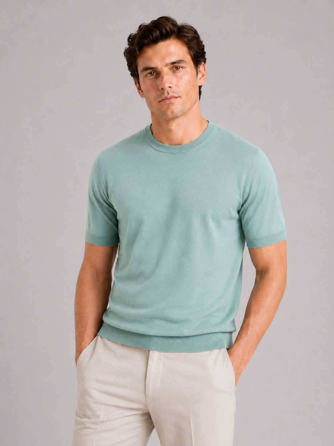 Men’s Merino Wool Knit Crew Neck T-Shirt Short Sleeve Lightweight Summer Top for Business Casual and Everyday Wear