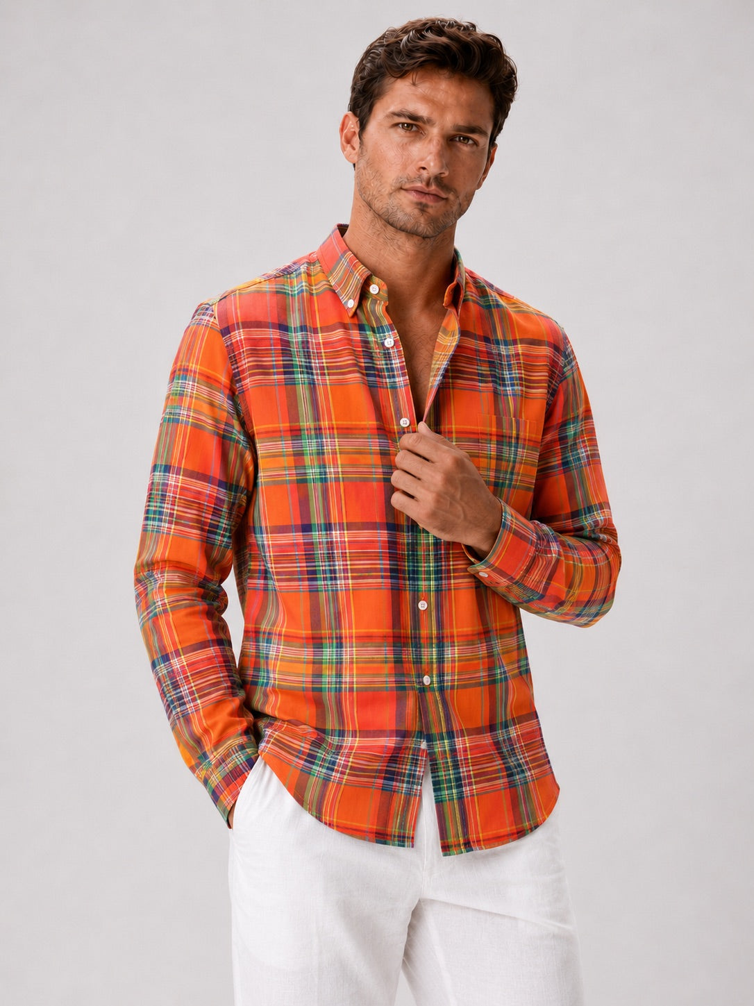 Men’s Madras Shirt 100% Cotton Long Sleeve Slim Fit Check Striped Casual Button-Up for Spring and Everyday Wear