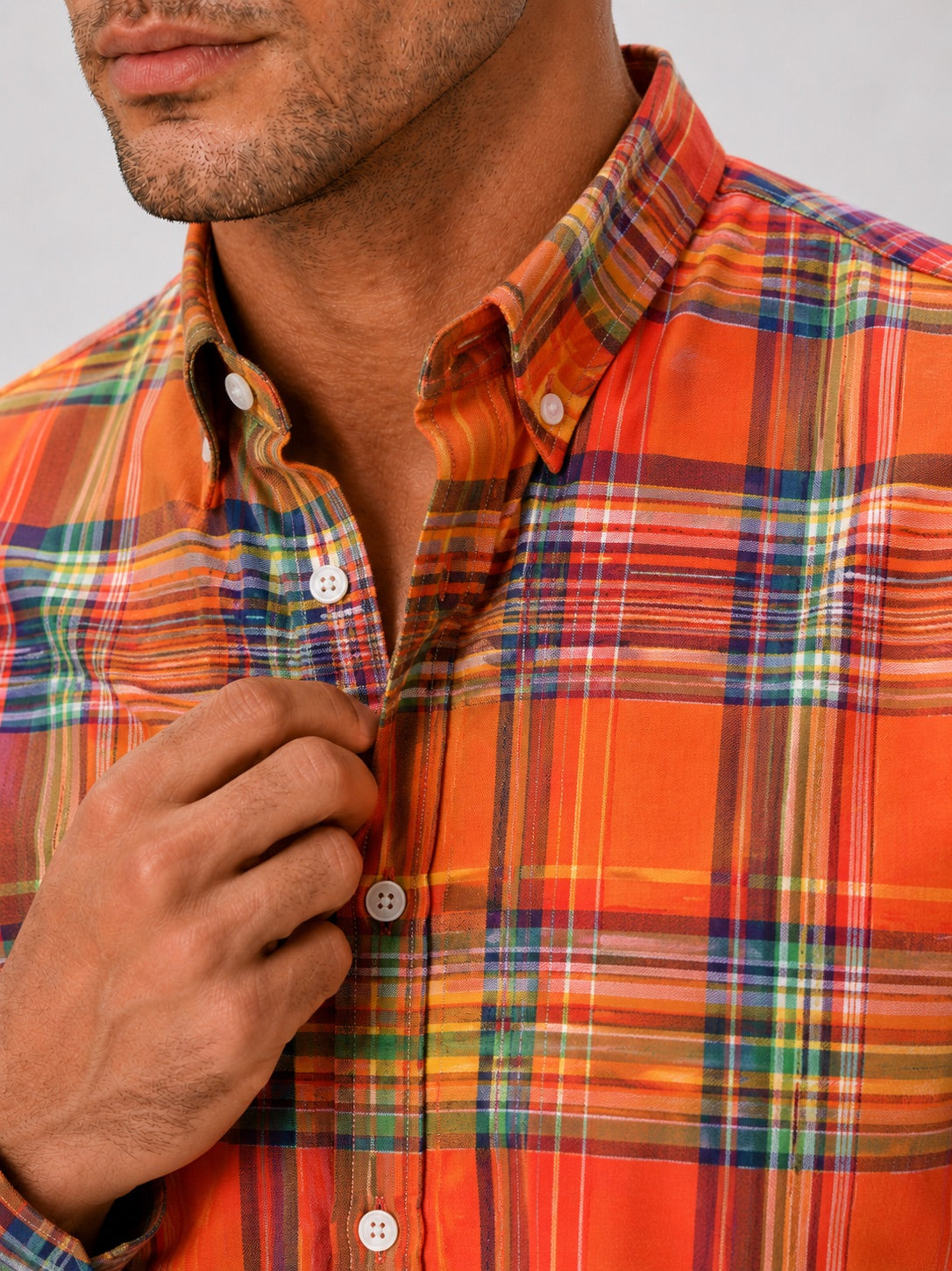 Men’s Madras Shirt 100% Cotton Long Sleeve Slim Fit Check Striped Casual Button-Up for Spring and Everyday Wear