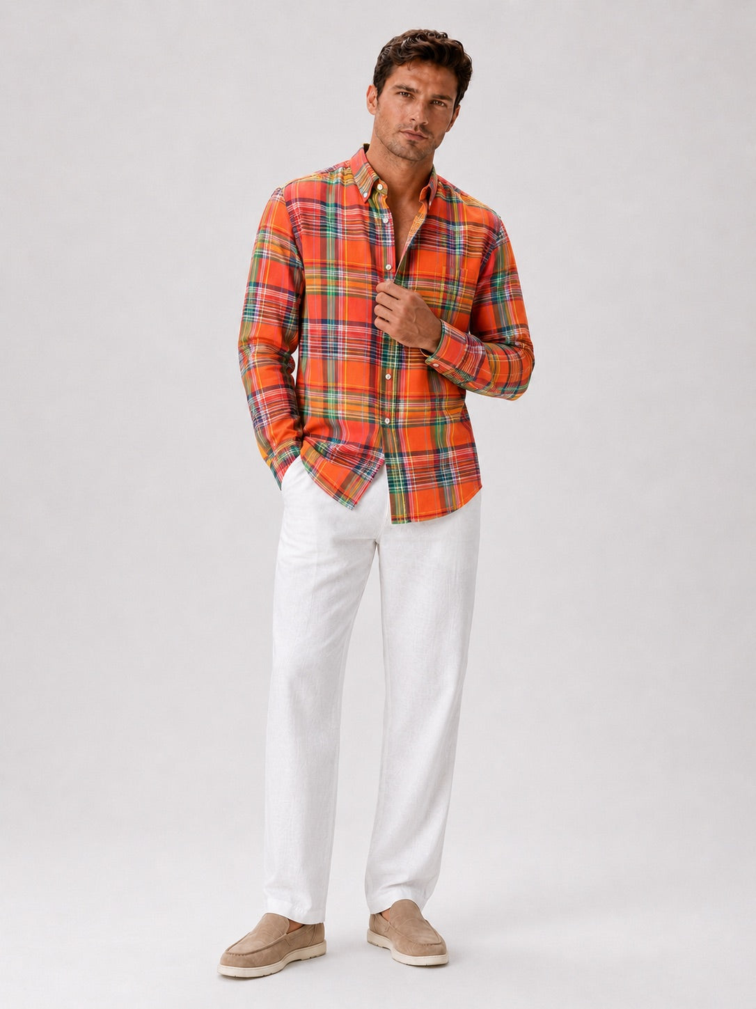 Men’s Madras Shirt 100% Cotton Long Sleeve Slim Fit Check Striped Casual Button-Up for Spring and Everyday Wear