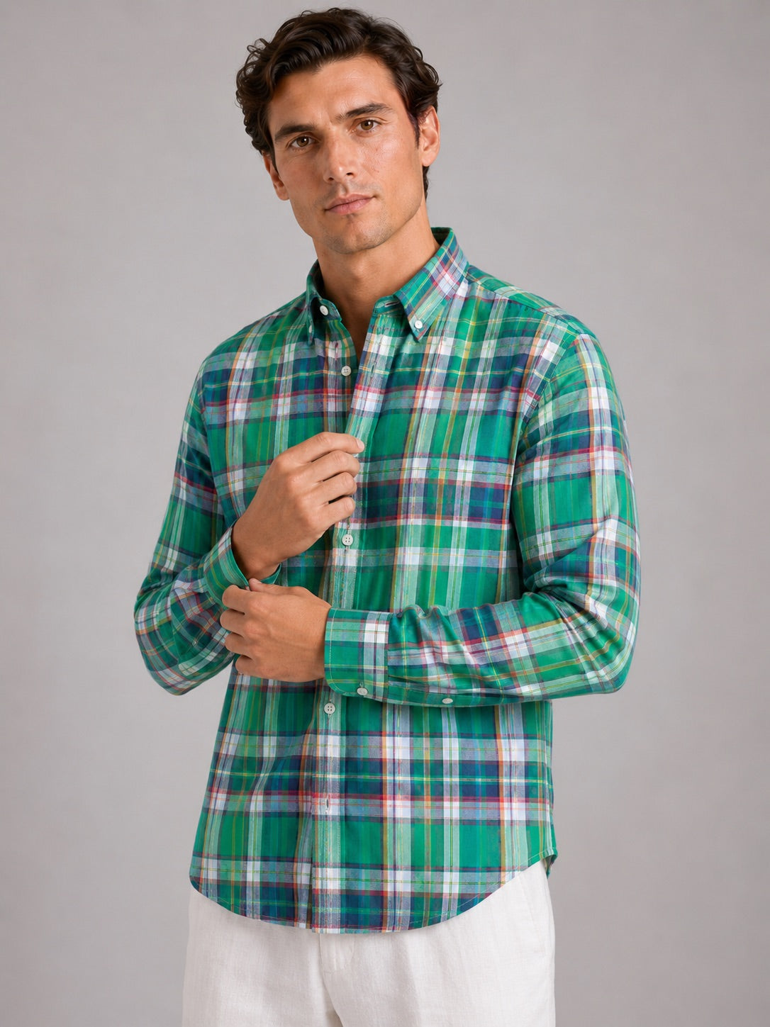 Men’s Madras Shirt 100% Cotton Long Sleeve Slim Fit Check Striped Casual Button-Up for Spring and Everyday Wear
