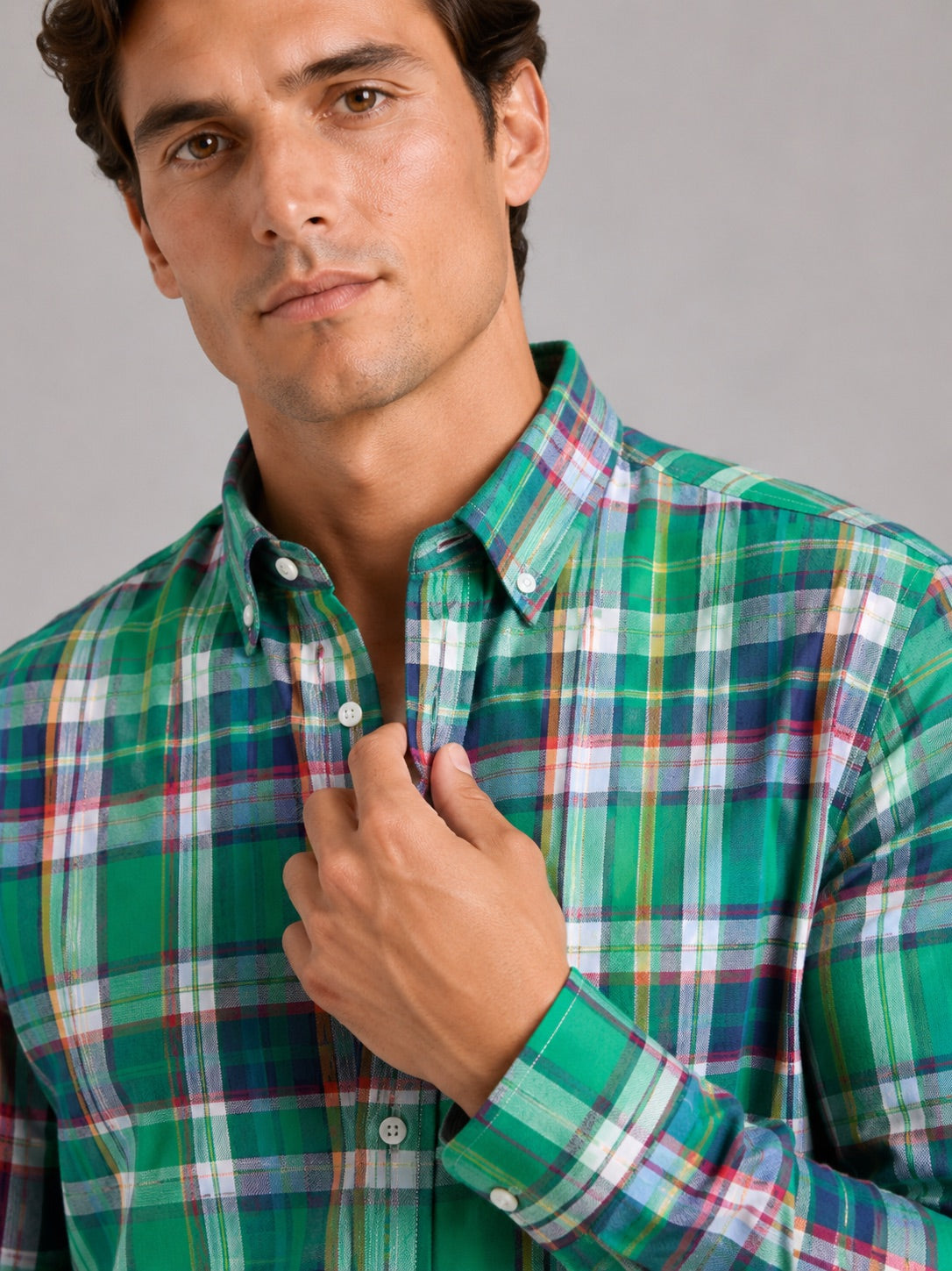 Men’s Madras Shirt 100% Cotton Long Sleeve Slim Fit Check Striped Casual Button-Up for Spring and Everyday Wear