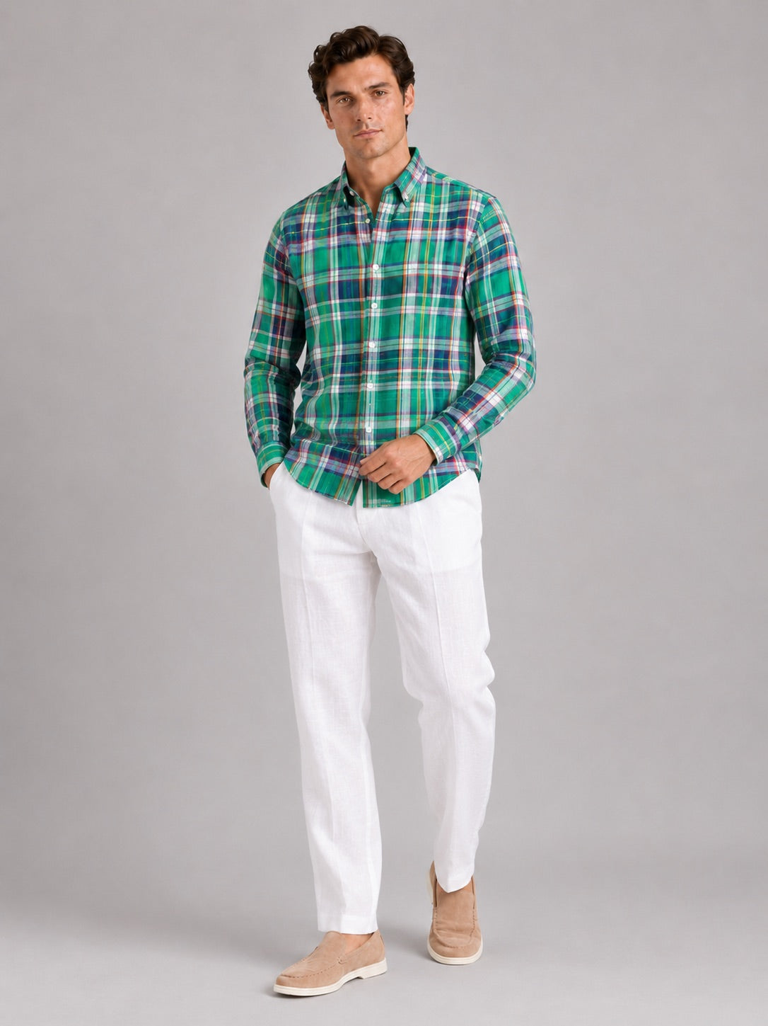 Men’s Madras Shirt 100% Cotton Long Sleeve Slim Fit Check Striped Casual Button-Up for Spring and Everyday Wear