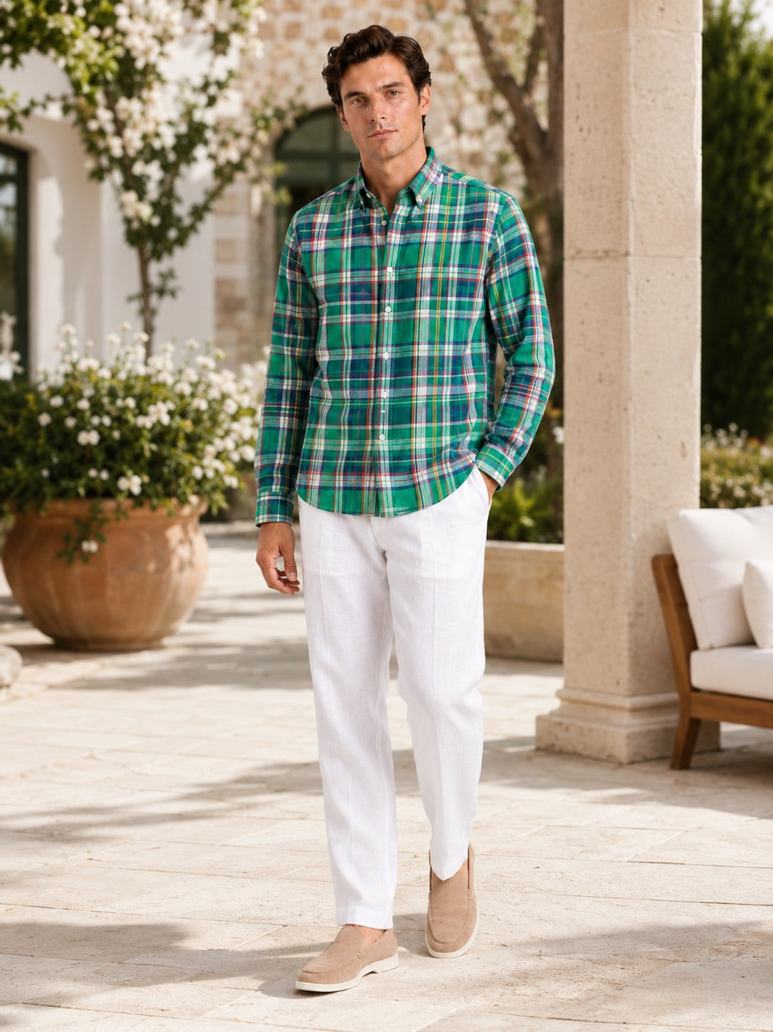 Men’s Madras Shirt 100% Cotton Long Sleeve Slim Fit Check Striped Casual Button-Up for Spring and Everyday Wear