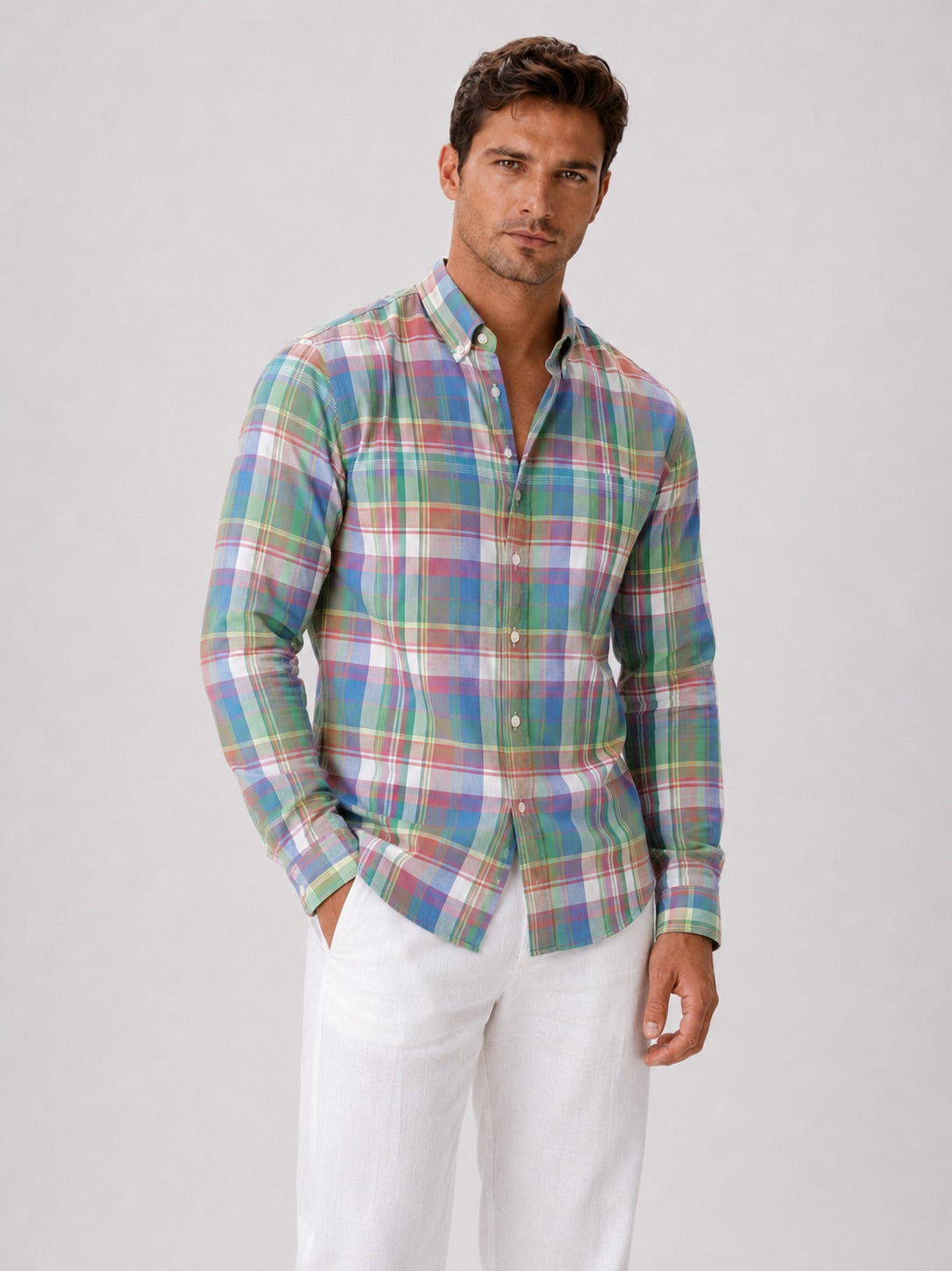 Men’s Madras Shirt 100% Cotton Long Sleeve Slim Fit Check Striped Casual Button-Up for Spring and Everyday Wear