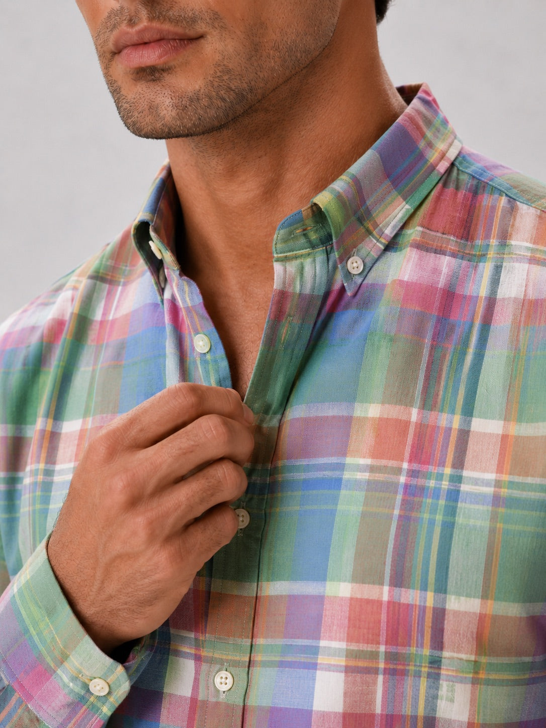 Men’s Madras Shirt 100% Cotton Long Sleeve Slim Fit Check Striped Casual Button-Up for Spring and Everyday Wear