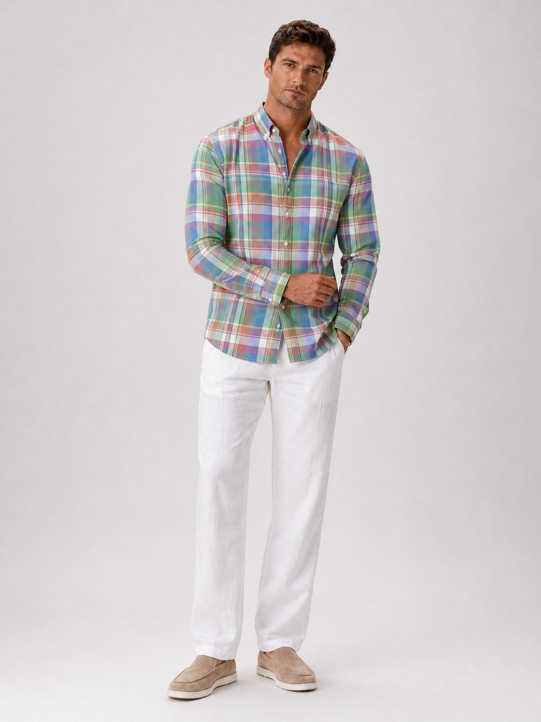 Men’s Madras Shirt 100% Cotton Long Sleeve Slim Fit Check Striped Casual Button-Up for Spring and Everyday Wear