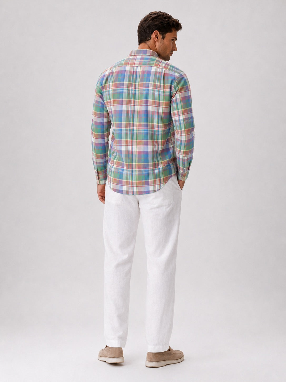 Men’s Madras Shirt 100% Cotton Long Sleeve Slim Fit Check Striped Casual Button-Up for Spring and Everyday Wear