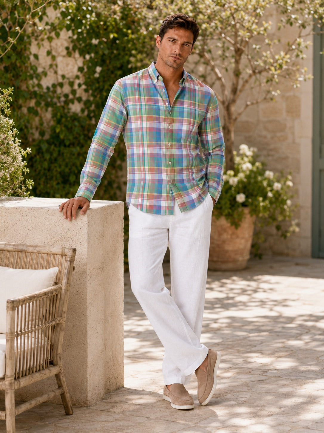 Men’s Madras Shirt 100% Cotton Long Sleeve Slim Fit Check Striped Casual Button-Up for Spring and Everyday Wear