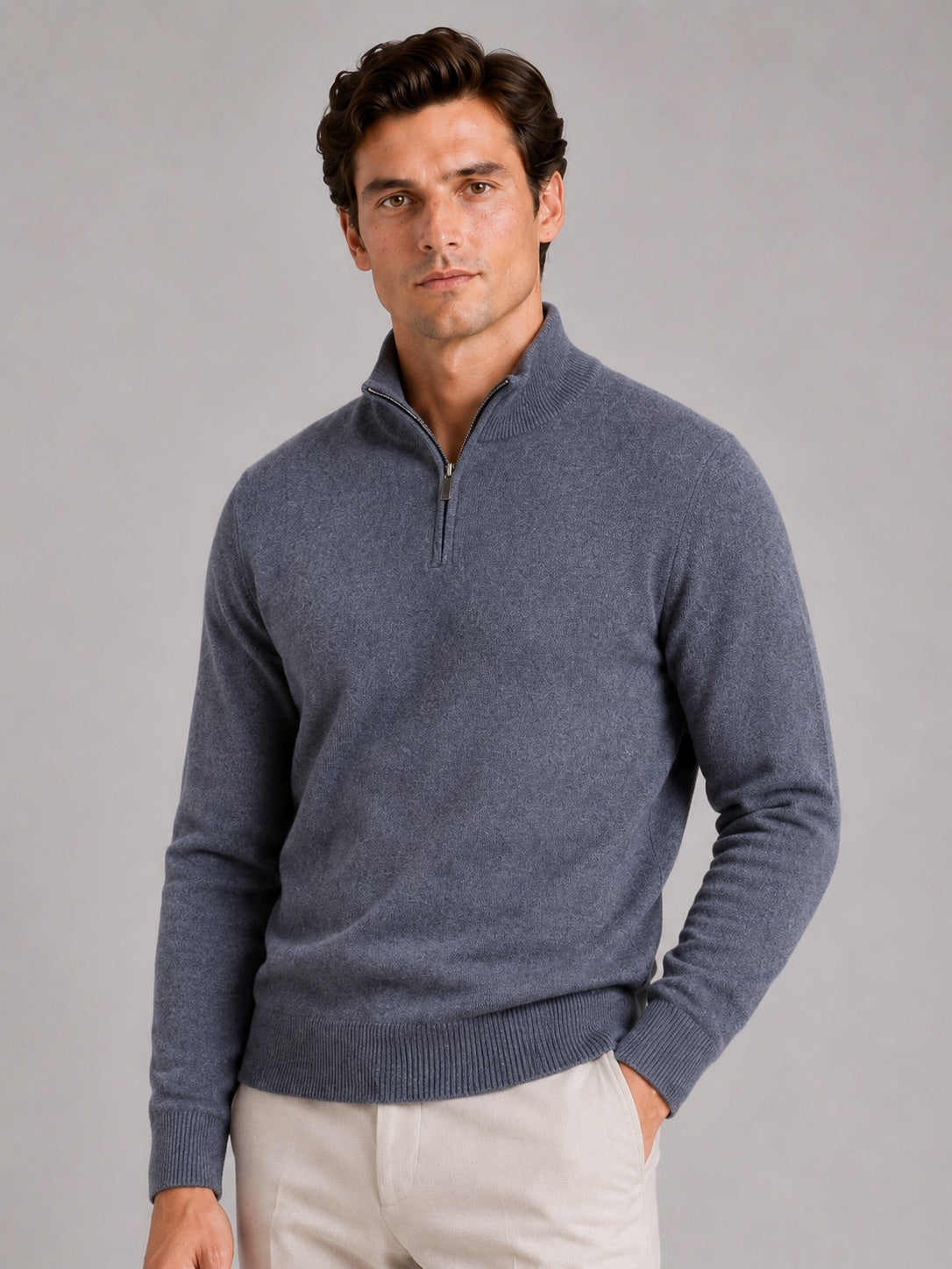 Men’s 100% Wool Half-Zip Mock Neck Jumper Thick Thermal Breathable Autumn Winter Pullover for Business Casual and Everyday Wear
