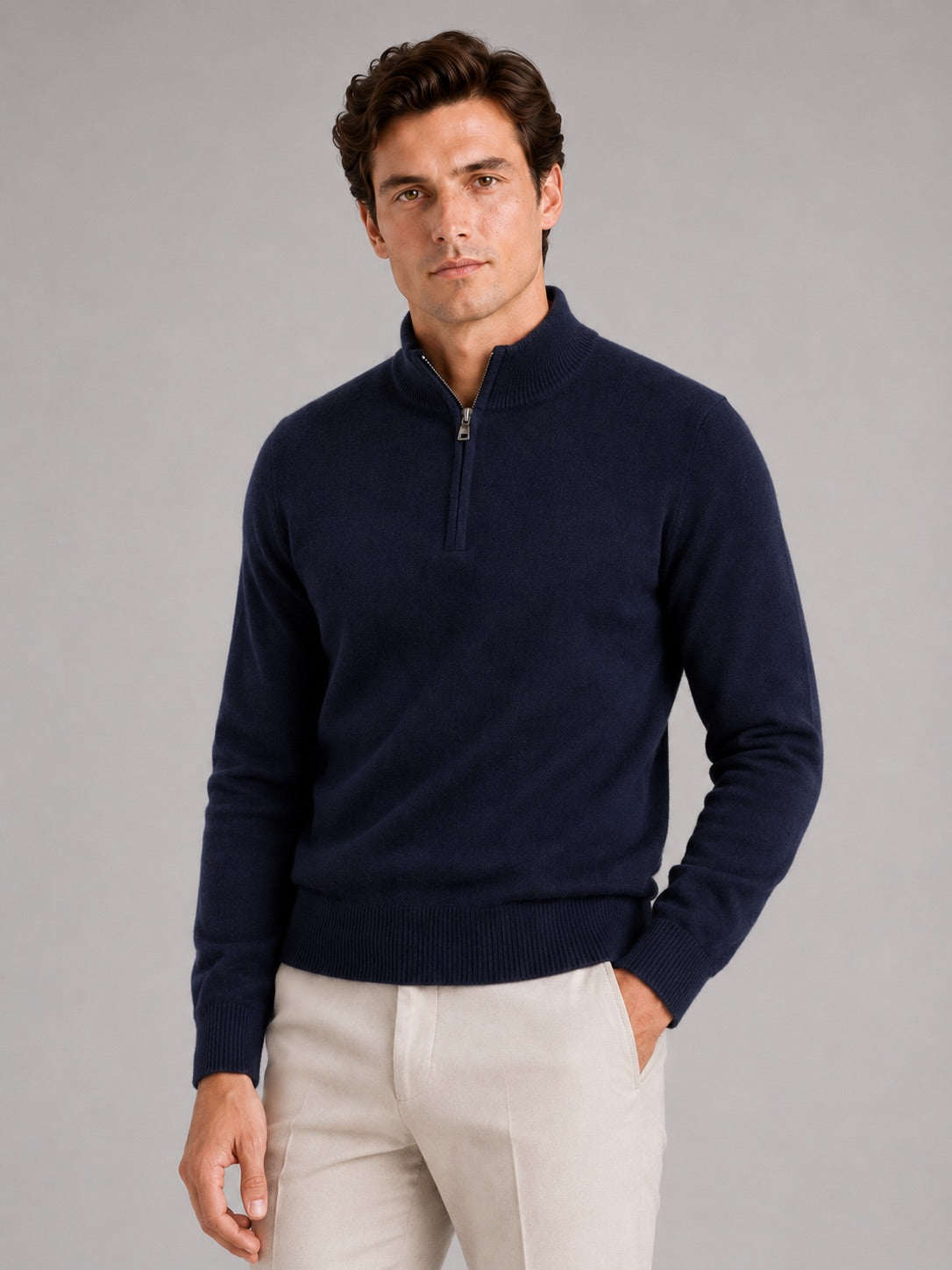 Men’s 100% Wool Half-Zip Mock Neck Jumper Thick Thermal Breathable Autumn Winter Pullover for Business Casual and Everyday Wear