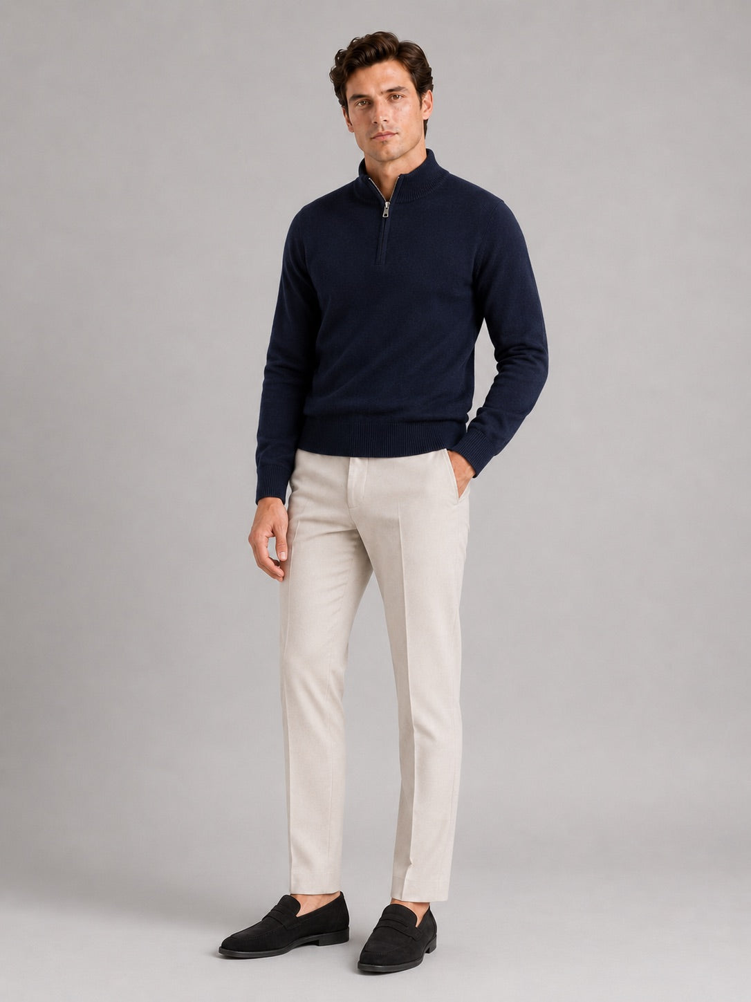 Men’s 100% Wool Half-Zip Mock Neck Jumper Thick Thermal Breathable Autumn Winter Pullover for Business Casual and Everyday Wear