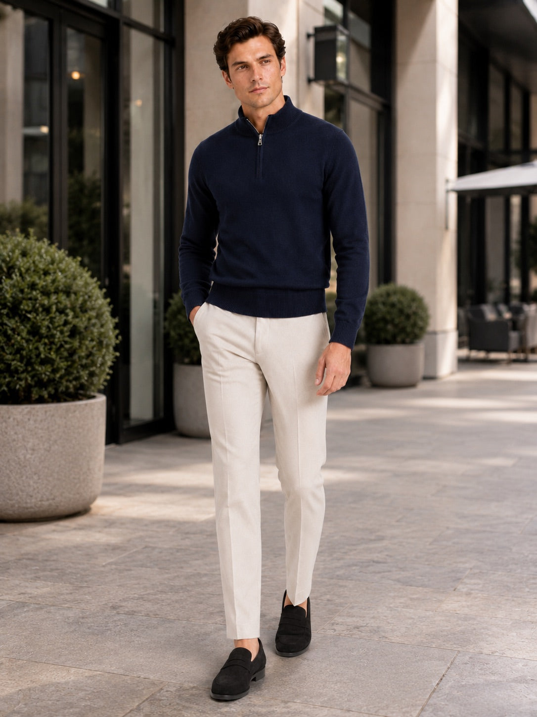 Men’s 100% Wool Half-Zip Mock Neck Jumper Thick Thermal Breathable Autumn Winter Pullover for Business Casual and Everyday Wear
