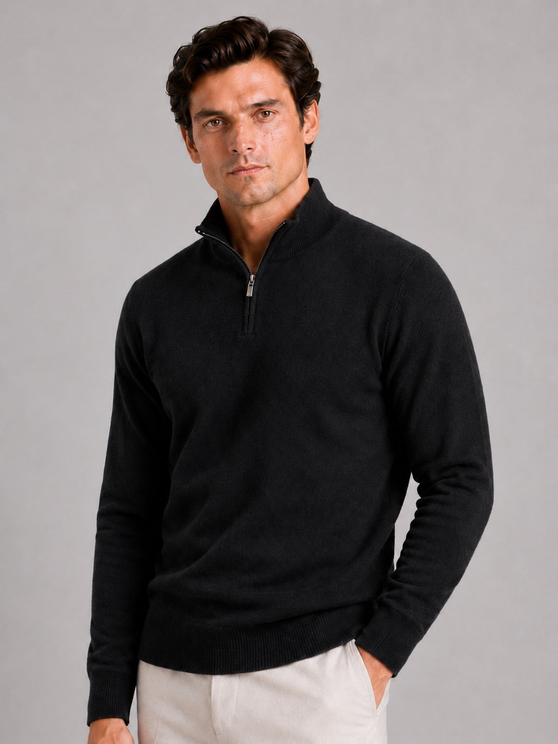 Men’s 100% Wool Half-Zip Mock Neck Jumper Thick Thermal Breathable Autumn Winter Pullover for Business Casual and Everyday Wear