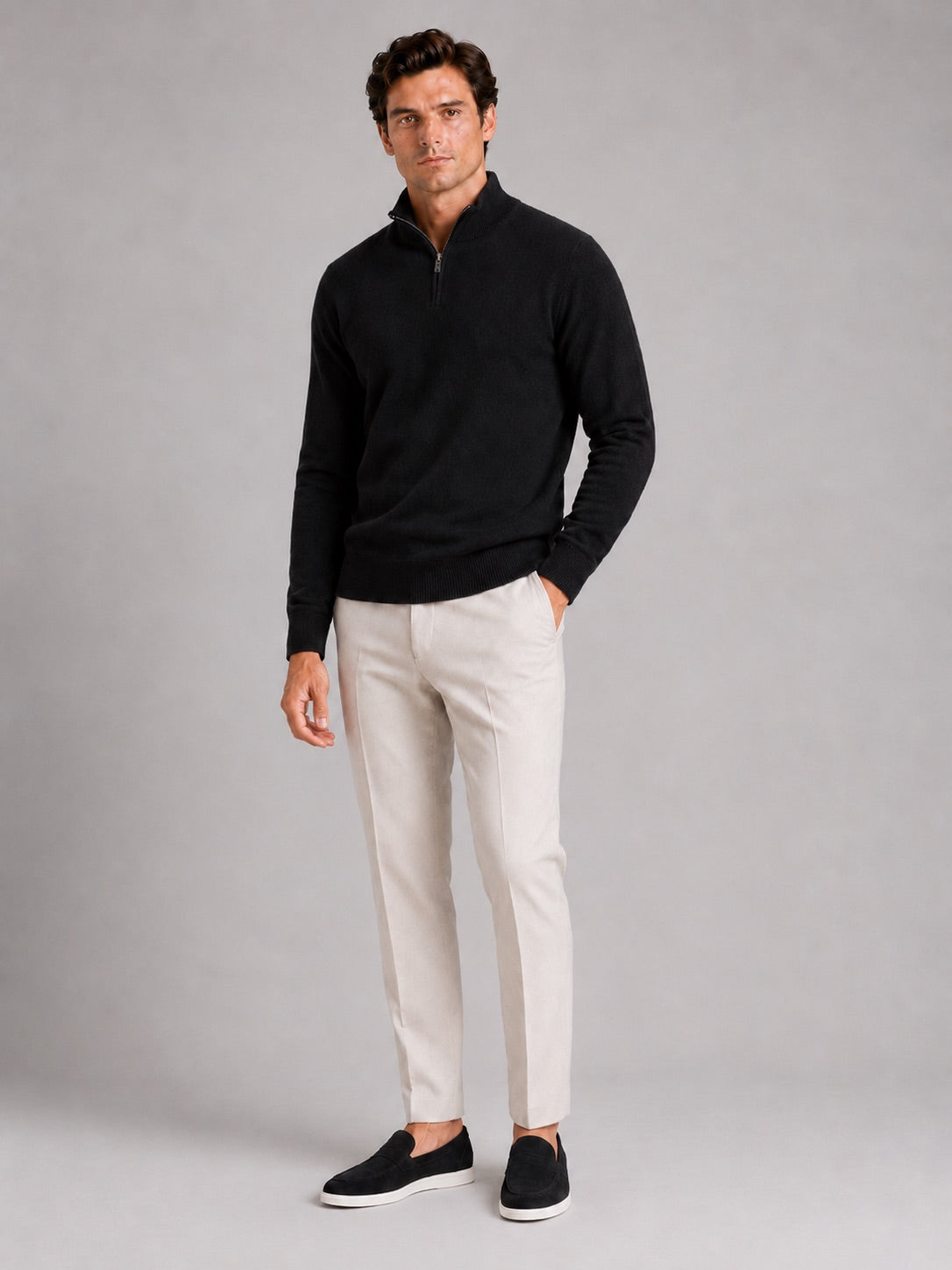 Men’s 100% Wool Half-Zip Mock Neck Jumper Thick Thermal Breathable Autumn Winter Pullover for Business Casual and Everyday Wear