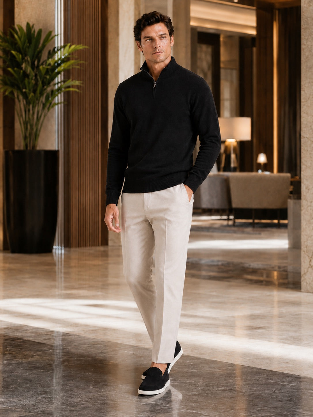 Men’s 100% Wool Half-Zip Mock Neck Jumper Thick Thermal Breathable Autumn Winter Pullover for Business Casual and Everyday Wear