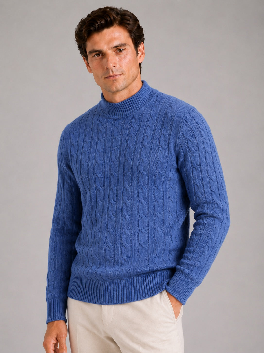 Men’s 100% Wool Cable Knit Mock Neck Jumper Warm Autumn Winter Pullover for Business Casual and Everyday Wear