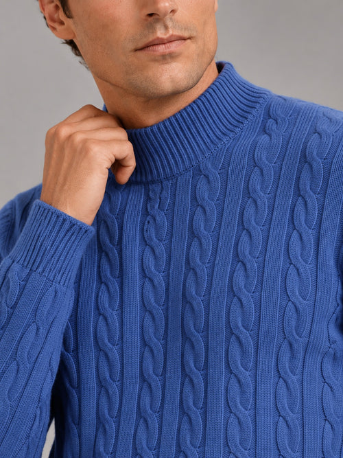 Men’s 100% Wool Cable Knit Mock Neck Jumper Warm Autumn Winter Pullover for Business Casual and Everyday Wear