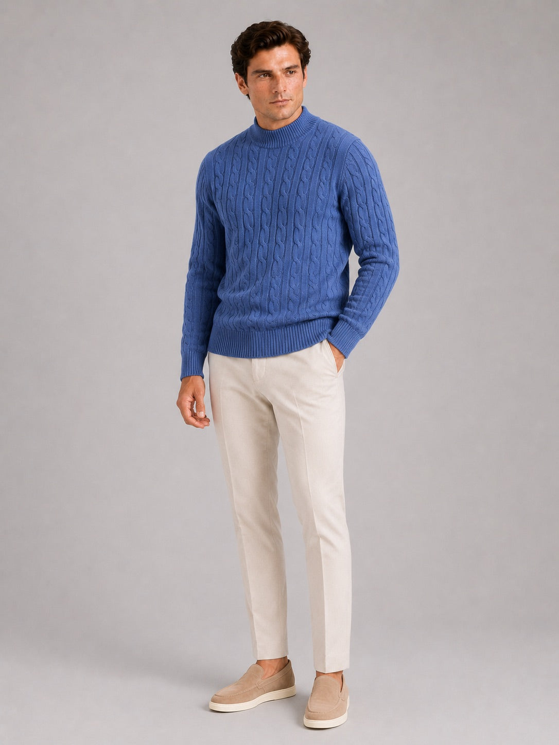 Men’s 100% Wool Cable Knit Mock Neck Jumper Warm Autumn Winter Pullover for Business Casual and Everyday Wear