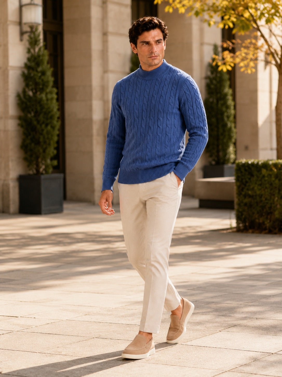 Men’s 100% Wool Cable Knit Mock Neck Jumper Warm Autumn Winter Pullover for Business Casual and Everyday Wear
