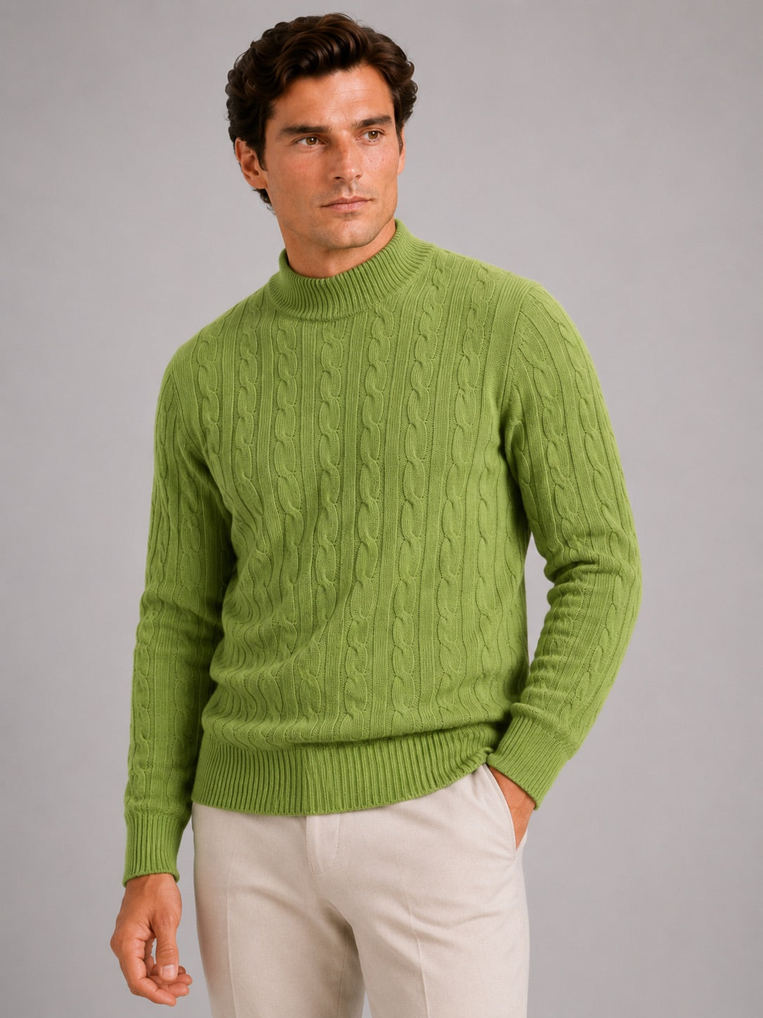 Men’s 100% Wool Cable Knit Mock Neck Jumper Warm Autumn Winter Pullover for Business Casual and Everyday Wear